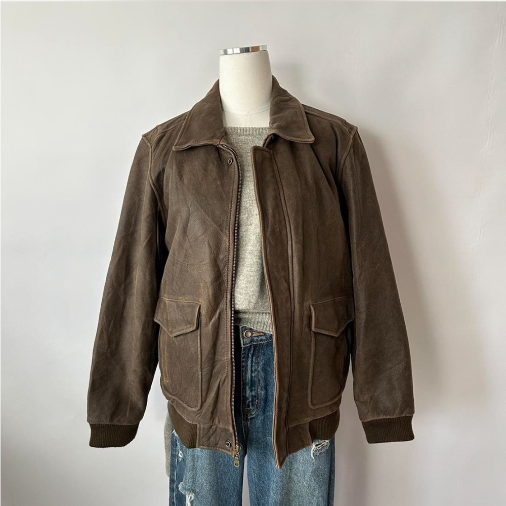 Vintage 1990s Class Club Distressed Leather Streetwear Bomber Jacket Brown. - Picture 2 of 8